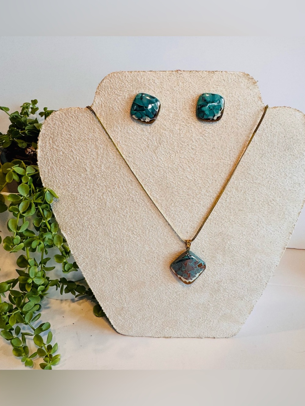 Denise Mortier Turquoise Gold Tone Porcelain Handmade Earrings & Necklace